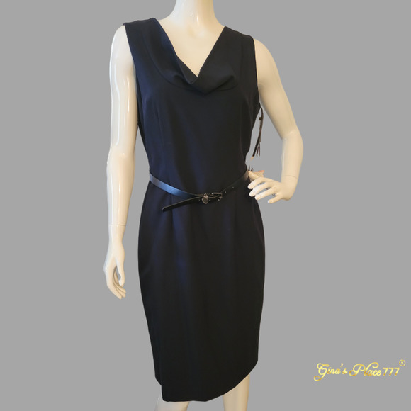 NWT Women's CALVIN KLEIN Cowl-Neck Logo Belted Sheath Dress Navy Blue Size 10 - Picture 1 of 8